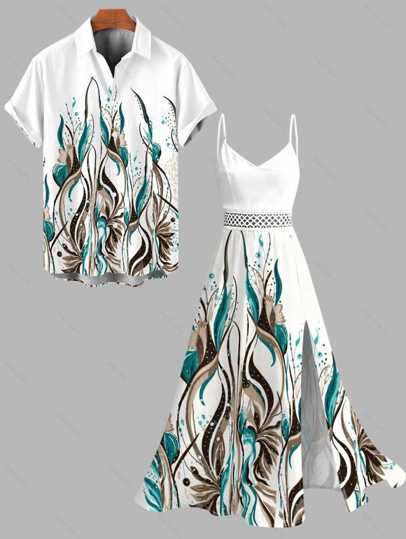 Hawaiian Vacation Couple Outfit Ink Wash Green Foliage Print Lace Hollow Out Slit Dress and Shirt Set - Blanc S | US 4