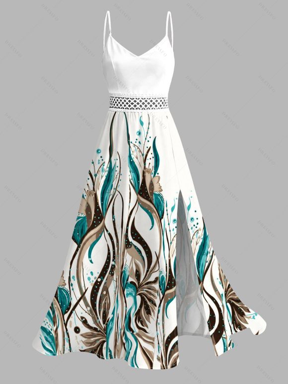 Hawaiian Vacation Couple Outfit Ink Wash Green Foliage Print Lace Hollow Out Slit Dress and Shirt Set - Blanc S | US 4