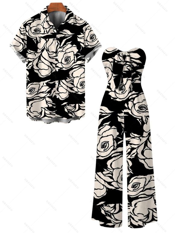 Vacation Couple Outfit Monochrome Hand Drawn Rose Floral Print Bowknot Pocket Off the Shoulder Jumpsuit and Shirt Set - Noir S | US 4