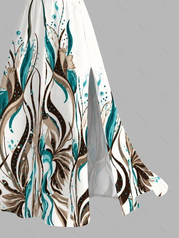 Hawaiian Vacation Couple Outfit Ink Wash Green Foliage Print Lace Hollow Out Slit Dress and Shirt Set - Blanc S | US 4