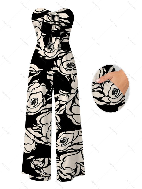 Vacation Couple Outfit Monochrome Hand Drawn Rose Floral Print Bowknot Pocket Off the Shoulder Jumpsuit and Shirt Set - Noir S | US 4