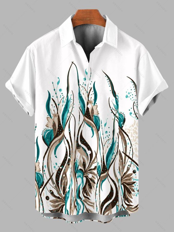 Hawaiian Vacation Couple Outfit Ink Wash Green Foliage Print Lace Hollow Out Slit Dress and Shirt Set - Blanc S | US 4