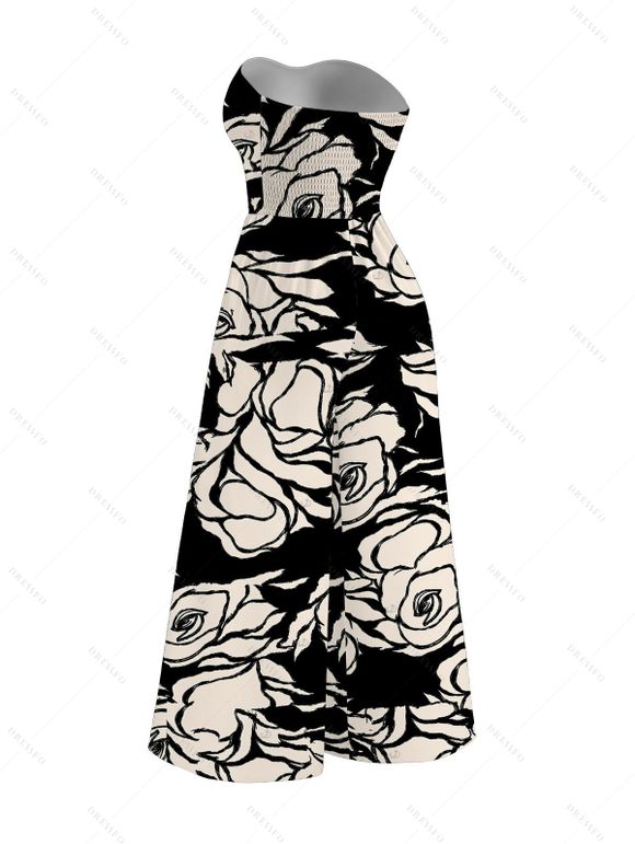 Vacation Couple Outfit Monochrome Hand Drawn Rose Floral Print Bowknot Pocket Off the Shoulder Jumpsuit and Shirt Set - Noir S | US 4