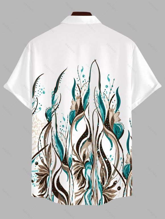Hawaiian Vacation Couple Outfit Ink Wash Green Foliage Print Lace Hollow Out Slit Dress and Shirt Set - Blanc S | US 4