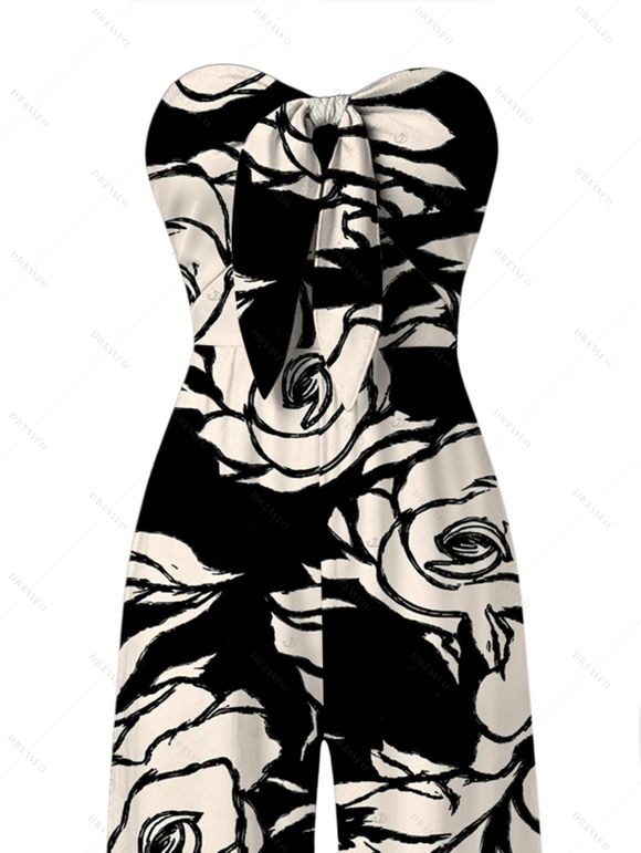 Vacation Couple Outfit Monochrome Hand Drawn Rose Floral Print Bowknot Pocket Off the Shoulder Jumpsuit and Shirt Set - Noir S | US 4