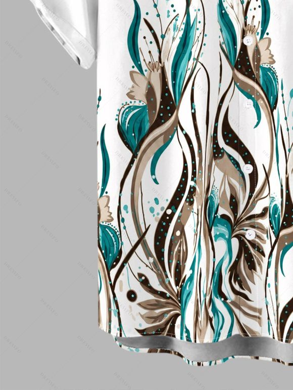 Hawaiian Vacation Couple Outfit Ink Wash Green Foliage Print Lace Hollow Out Slit Dress and Shirt Set - Blanc S | US 4