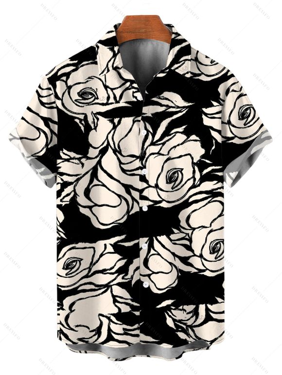 Vacation Couple Outfit Monochrome Hand Drawn Rose Floral Print Bowknot Pocket Off the Shoulder Jumpsuit and Shirt Set - Noir S | US 4