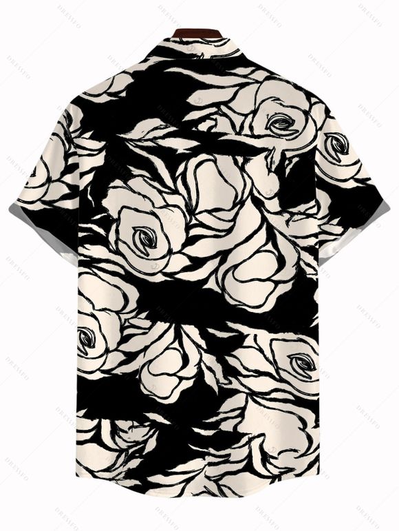 Vacation Couple Outfit Monochrome Hand Drawn Rose Floral Print Bowknot Pocket Off the Shoulder Jumpsuit and Shirt Set - Noir S | US 4