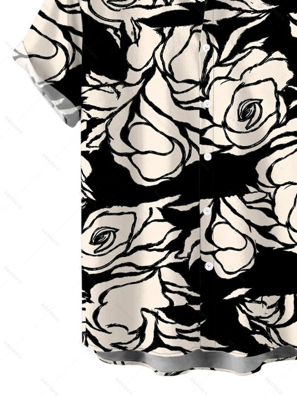Vacation Couple Outfit Monochrome Hand Drawn Rose Floral Print Bowknot Pocket Off the Shoulder Jumpsuit and Shirt Set - Noir S | US 4