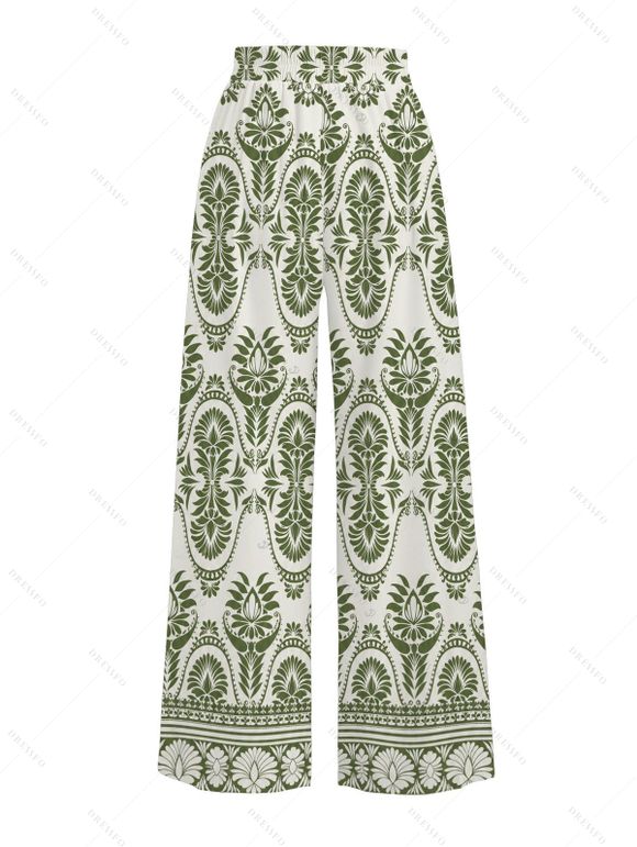 Bohemian Vacation Couple Outfit Geometric Plant Print Tied Pocket Straight Pants and Shirt Set - Vert clair S | US 4