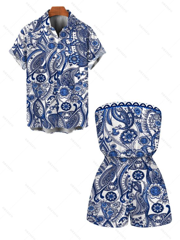 Bohemian Vacation Couple Outfit Porcelain Paisley Print Pocket Off the Shoulder Romper and Shirt Set - Bleu profond S | US 4