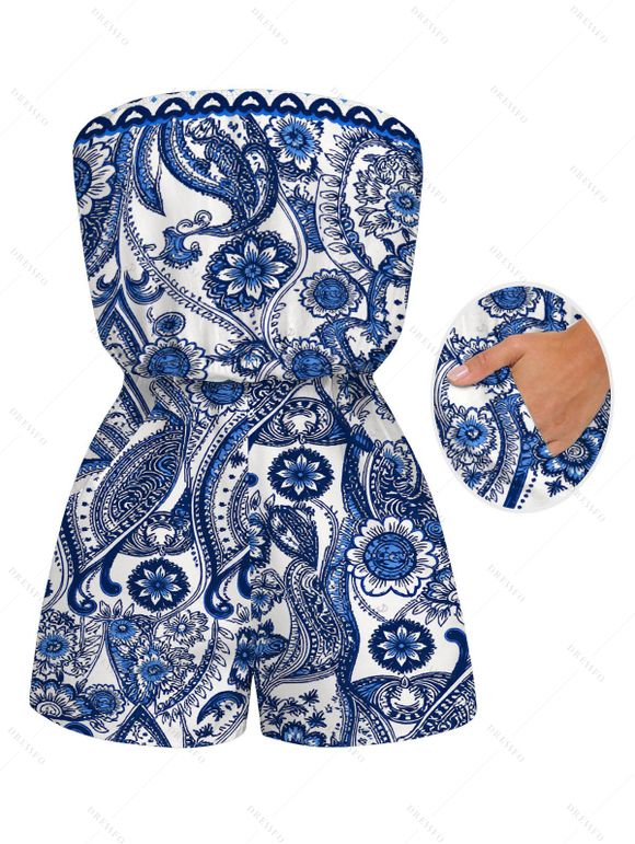Bohemian Vacation Couple Outfit Porcelain Paisley Print Pocket Off the Shoulder Romper and Shirt Set - Bleu profond S | US 4
