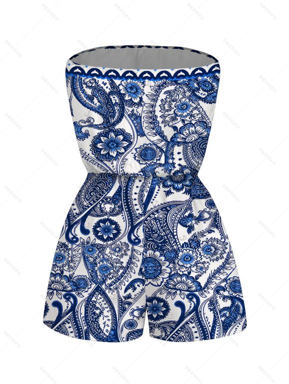 Bohemian Vacation Couple Outfit Porcelain Paisley Print Pocket Off the Shoulder Romper and Shirt Set - Bleu profond S | US 4
