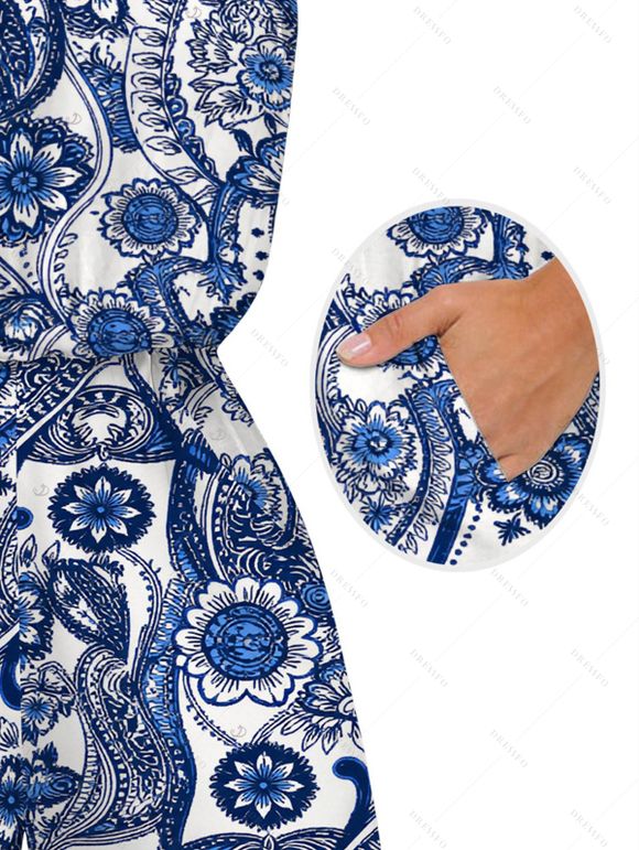 Bohemian Vacation Couple Outfit Porcelain Paisley Print Pocket Off the Shoulder Romper and Shirt Set - Bleu profond S | US 4