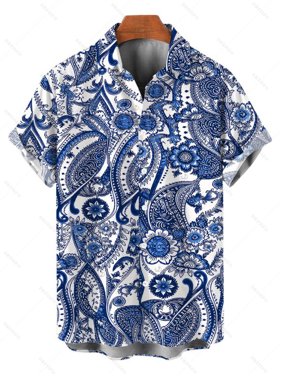Bohemian Vacation Couple Outfit Porcelain Paisley Print Pocket Off the Shoulder Romper and Shirt Set - Bleu profond S | US 4