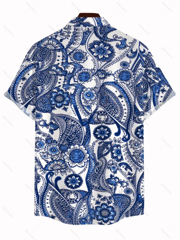 Bohemian Vacation Couple Outfit Porcelain Paisley Print Pocket Off the Shoulder Romper and Shirt Set - Bleu profond S | US 4