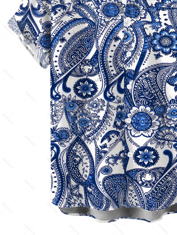 Bohemian Vacation Couple Outfit Porcelain Paisley Print Pocket Off the Shoulder Romper and Shirt Set - Bleu profond S | US 4