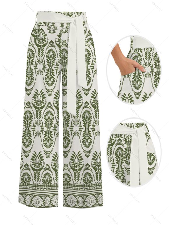 Bohemian Vacation Couple Outfit Geometric Plant Print Tied Pocket Straight Pants and Shirt Set - Vert clair S | US 4