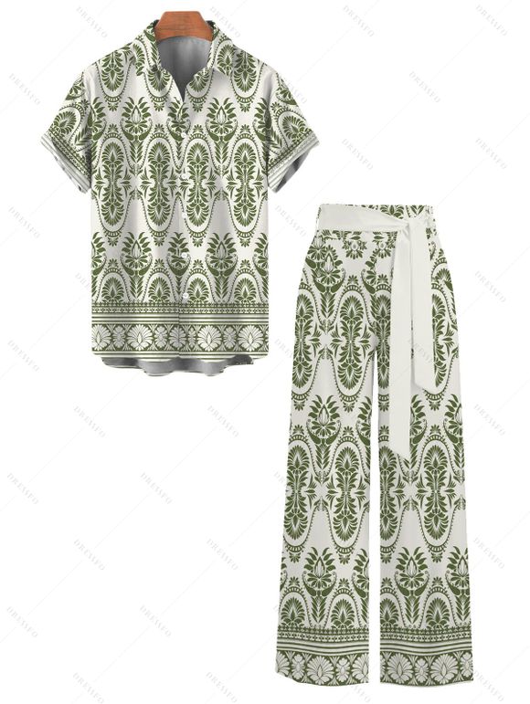 Bohemian Vacation Couple Outfit Geometric Plant Print Tied Pocket Straight Pants and Shirt Set - Vert clair S | US 4