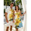Vacation Couple Outfit Ombre Lily Floral Leaf Print Ruched Bust Mini Dress and Shirt Set - Bleu clair S | US 4