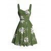 Hawaiian Vacation Couple Outfit White Line Art Leaf Print Ruched Bust Mini Belt Dress and Shirt Set - Vert Armée S | US 4