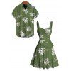 Hawaiian Vacation Couple Outfit White Line Art Leaf Print Ruched Bust Mini Belt Dress and Shirt Set - Vert Armée S | US 4