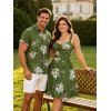 Hawaiian Vacation Couple Outfit White Line Art Leaf Print Ruched Bust Mini Belt Dress and Shirt Set - Vert Armée S | US 4