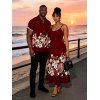Vacation Couple Outfit Colored Rose Floral Print Pocket Spaghetti Strap Midi Dress and Shirt Set - Rouge foncé S | US 4