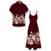 Vacation Couple Outfit Colored Rose Floral Print Pocket Spaghetti Strap Midi Dress and Shirt Set - Rouge foncé S | US 4