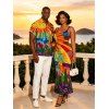Bohemian Vacation Couple Outfit Multicolor Geometric Sunflower Print Spaghetti Strap Maxi Bodycon Dress and Shirt Set - multicolor S | US 4