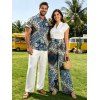 Bohemian Couple Outfit Paisley Geometric Print Tied Pocket Straight Pants and Shirt Set - Bleu Marine S | US 4
