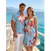 Beach Vacation Couple Outfit Hibiscus Floral Print Ruched Bust Belt Dress and Shirt Set - Bleu Ciel S | US 4