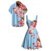 Beach Vacation Couple Outfit Hibiscus Floral Print Ruched Bust Belt Dress and Shirt Set - Bleu Ciel S | US 4