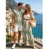 Bohemian Vacation Couple Outfit Geometric Plant Print Tied Pocket Straight Pants and Shirt Set - Vert clair S | US 4