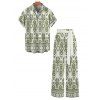 Bohemian Vacation Couple Outfit Geometric Plant Print Tied Pocket Straight Pants and Shirt Set - Vert clair S | US 4