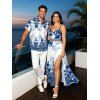 Vacation Couple Outfit Chinese Porcelain Style Floral Print Lace Hollow Out Spaghetti Strap Slit Dress and Shirt Set - Bleu S | US 4