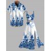 Vacation Couple Outfit Chinese Porcelain Style Floral Print Lace Hollow Out Spaghetti Strap Slit Dress and Shirt Set - Bleu S | US 4