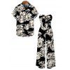 Vacation Couple Outfit Monochrome Hand Drawn Rose Floral Print Bowknot Pocket Off the Shoulder Jumpsuit and Shirt Set - Noir S | US 4