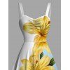 Vacation Dress Ombre Lily Floral Leaf Print Ruched Bust Mini Dress - Bleu clair XXXXXL | US 20