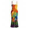 Bohemian Vacation Dress Multicolor Geometric Sunflower Print Spaghetti Strap Maxi Bodycon Dress - multicolor XXL | US 14