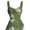 Hawaiian Vacation Dress White Line Art Leaf Print Ruched Bust Mini Belt Dress - Vert Armée XXXXXL | US 20