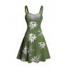 Hawaiian Vacation Dress White Line Art Leaf Print Ruched Bust Mini Belt Dress - Vert Armée XXXXXL | US 20