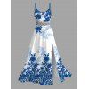 Vacation Dress Chinese Porcelain Style Floral Print Lace Hollow Out Spaghetti Strap Slit Dress - Bleu XXXXXL | US 20