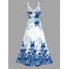 Vacation Dress Chinese Porcelain Style Floral Print Lace Hollow Out Spaghetti Strap Slit Dress - Bleu XXXXXL | US 20