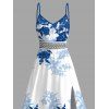 Vacation Dress Chinese Porcelain Style Floral Print Lace Hollow Out Spaghetti Strap Slit Dress - Bleu XXXXXL | US 20