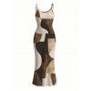 Vintage Dress Colorblock Irregular Abstract Geometric Print Spaghetti Strap Maxi Bodycon Dress - Café profond XXL | US 14