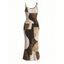 Vintage Dress Colorblock Irregular Abstract Geometric Print Spaghetti Strap Maxi Bodycon Dress - Café profond XXL | US 14
