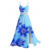 Hawaiian Vacation Dress Irregular Watercolor Floral Print Lace Hollow Out Spaghetti Strap Slit Dress - Bleu Toile de Jean XXXXXL | US 20