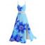 Hawaiian Vacation Dress Irregular Watercolor Floral Print Lace Hollow Out Spaghetti Strap Slit Dress - Bleu Toile de Jean XXXXXL | US 20