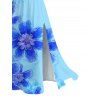 Hawaiian Vacation Dress Irregular Watercolor Floral Print Lace Hollow Out Spaghetti Strap Slit Dress - Bleu Toile de Jean XXXXXL | US 20